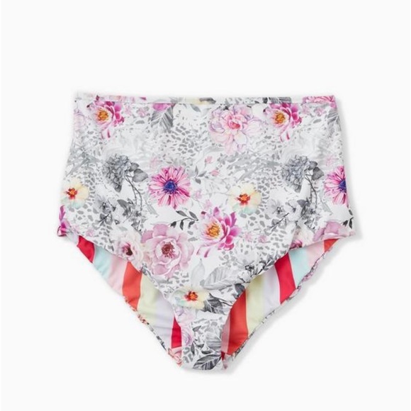 Coral Stripe & White Floral Reversible High Waist Swim Bottom - Picture 2 of 5